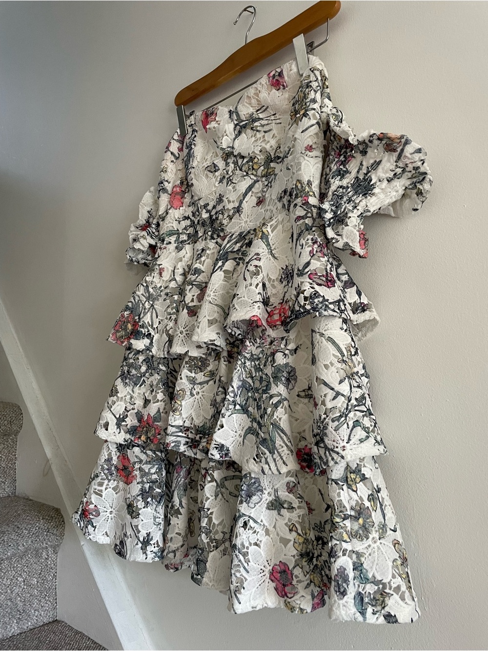 Lace Tiered Ruffle Dollette Lolita Off Shoulder Mini Dress in White Floral M